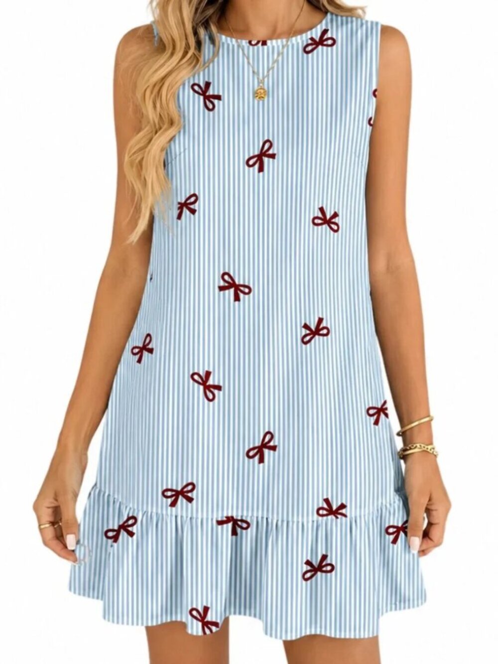 Mini Bows Drop Waist Baby Blue Sleeveless Dress